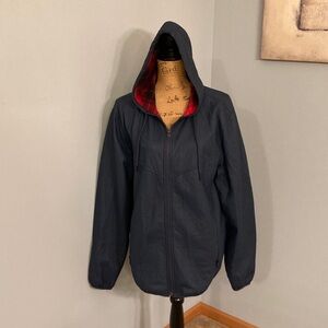 Weatherproof Dark Blue Hooded Jacket with Red Interior